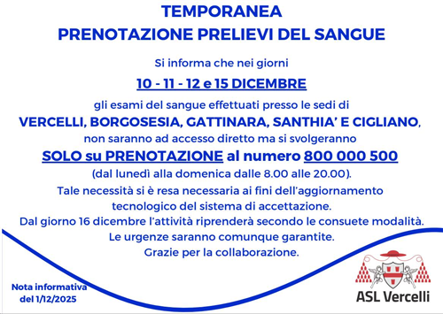 Temporanea prenotazione prelievi del sangue A.S.L. VERCELLI - sedi di Vercelli, Borgosesia, Gattinara, Santhià e Cigliano.