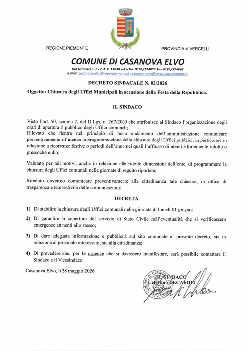 Decreto Sindacale n. 02/2026 - Chiusura degli Uffici Municipali in occasione della Festa della Repubblica